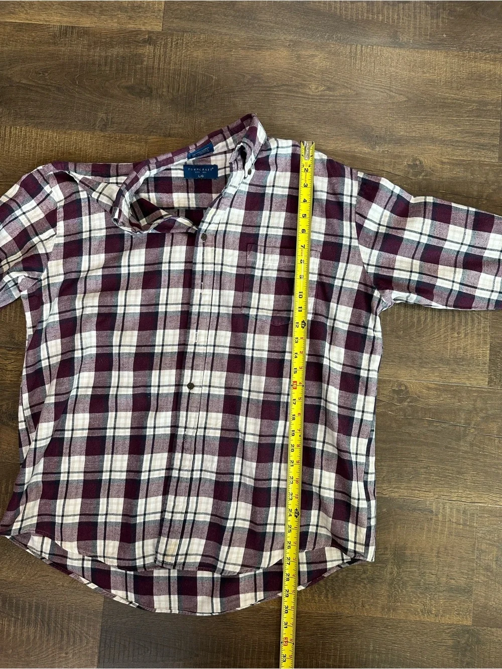 Towncraft Men’s Plaid Flannel Button Down Shirt Large Burgundy Cream 100% Cotton
